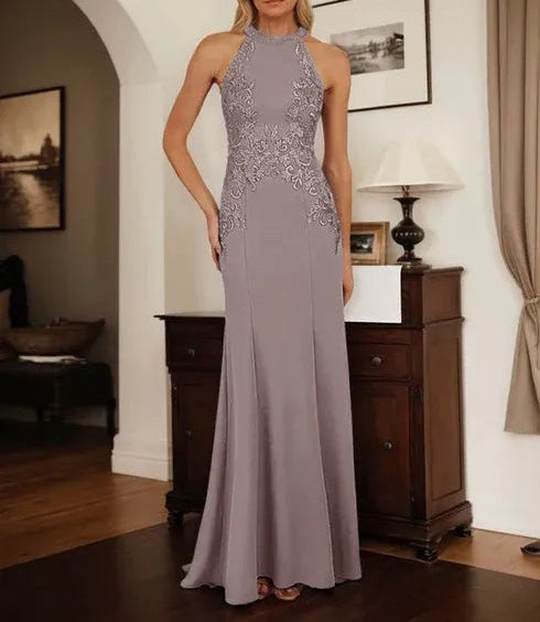 Dusty Blue Sheath Halter Long Mother of Bride Dress With Appliques