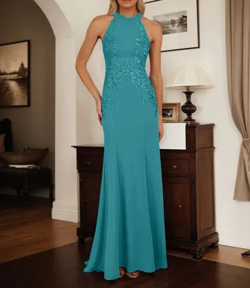 Dusty Blue Sheath Halter Long Mother of Bride Dress With Appliques
