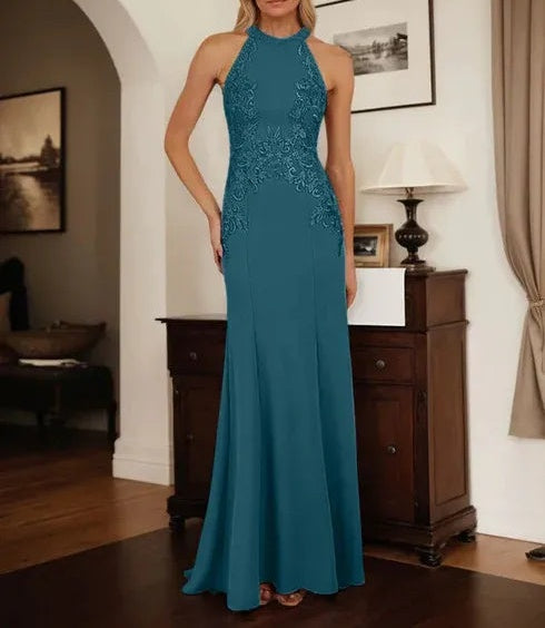 Dusty Blue Sheath Halter Long Mother of Bride Dress With Appliques