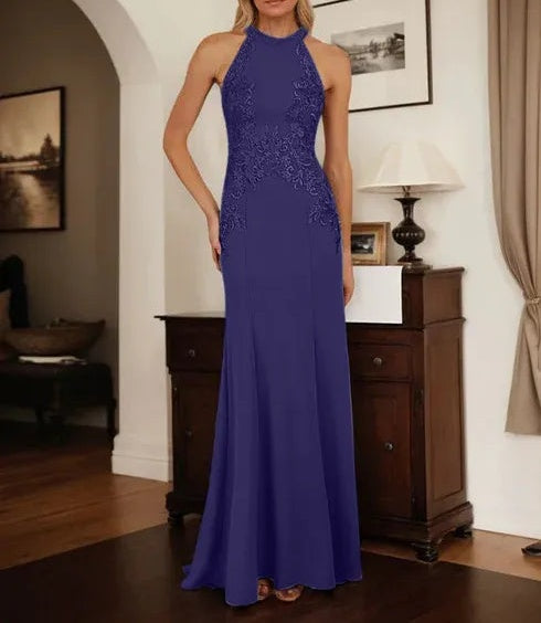 Dusty Blue Sheath Halter Long Mother of Bride Dress With Appliques