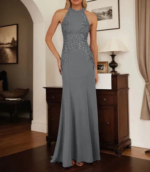 Dusty Blue Sheath Halter Long Mother of Bride Dress With Appliques