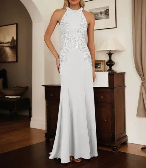 Dusty Blue Sheath Halter Long Mother of Bride Dress With Appliques