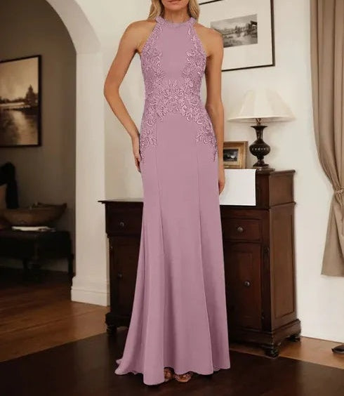 Dusty Blue Sheath Halter Long Mother of Bride Dress With Appliques
