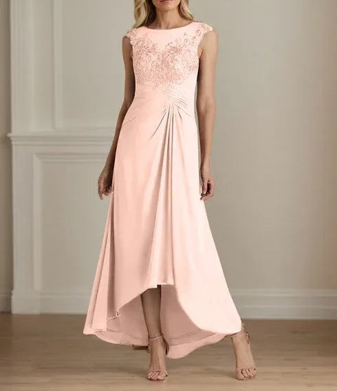 Champagne A-Line Scoop Lace Chiffon Dress