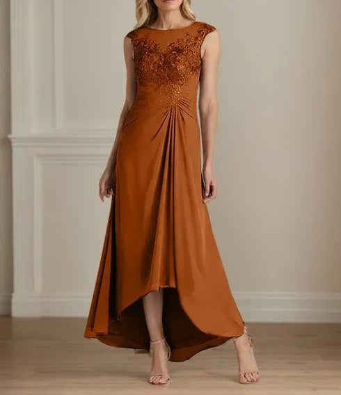 Champagne A-Line Scoop Lace Chiffon Dress