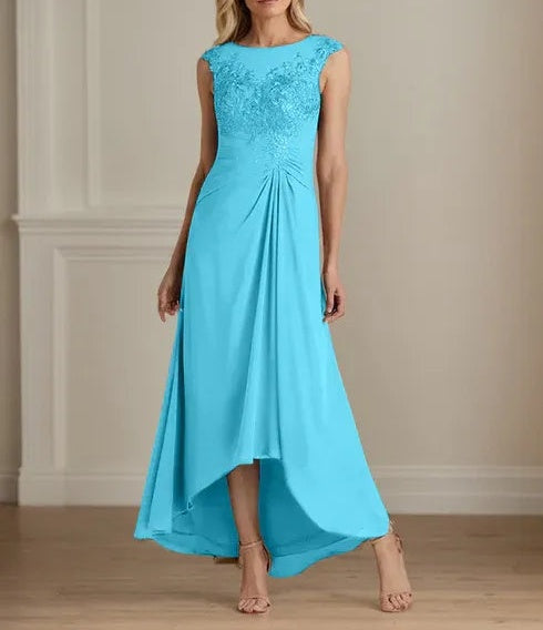 Champagne A-Line Scoop Lace Chiffon Dress