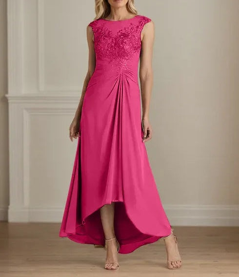 Champagne A-Line Scoop Lace Chiffon Dress