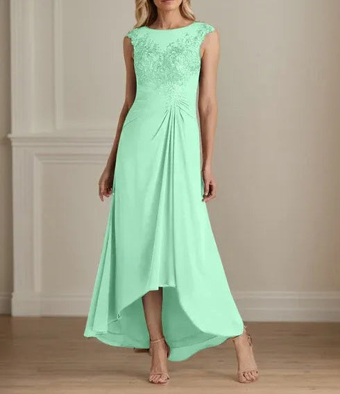 Champagne A-Line Scoop Lace Chiffon Dress