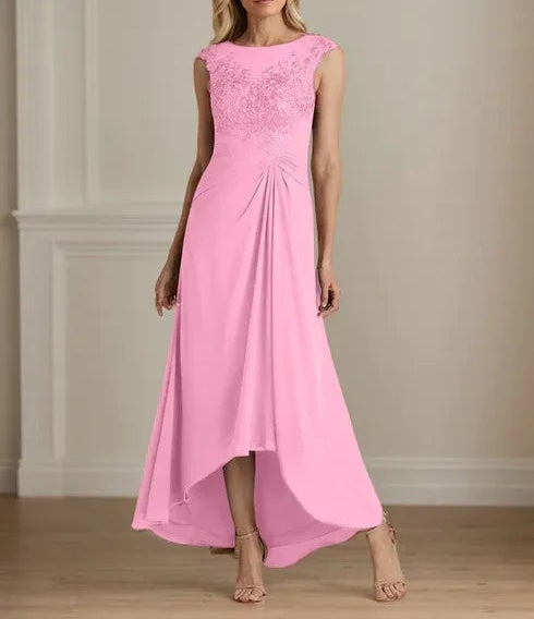 Champagne A-Line Scoop Lace Chiffon Dress