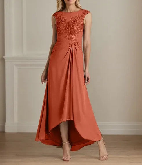 Champagne A-Line Scoop Lace Chiffon Dress