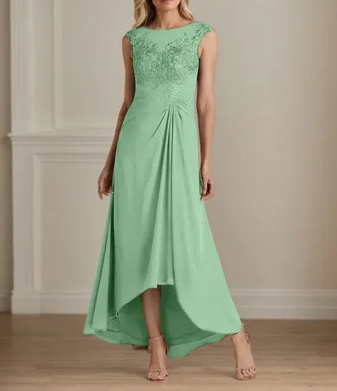 Champagne A-Line Scoop Lace Chiffon Dress