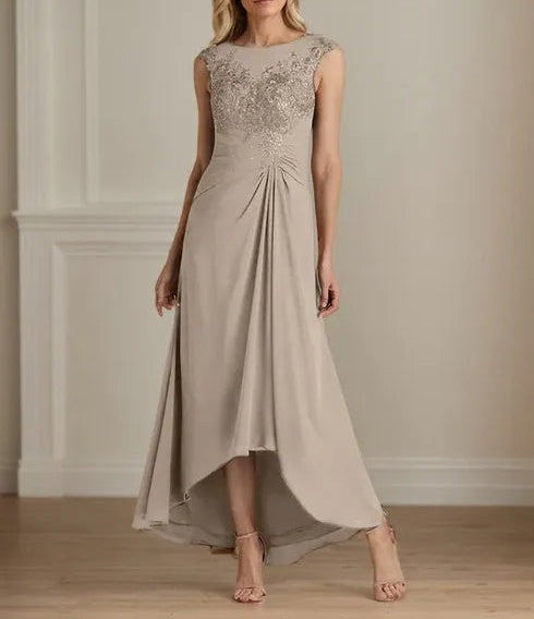 Champagne A-Line Scoop Lace Chiffon Dress
