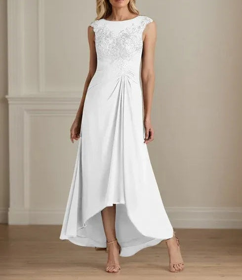 Champagne A-Line Scoop Lace Chiffon Dress