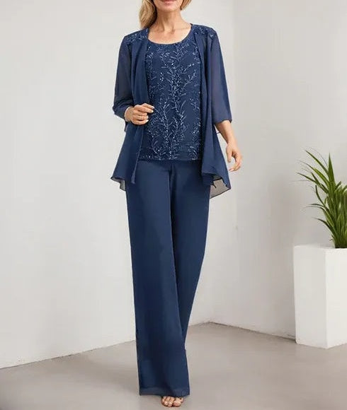 Separates Jumpsuit/Pantsuit Scoop Floor-Length Lace Chiffon Mother of the Bride Dress With Sequins