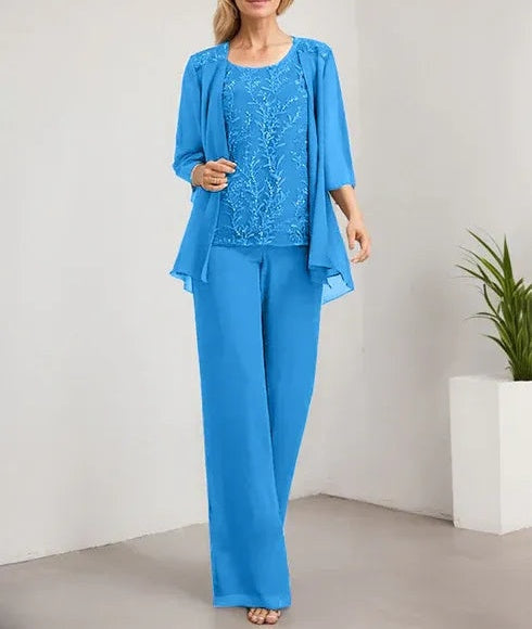 Separates Jumpsuit/Pantsuit Scoop Floor-Length Lace Chiffon Mother of the Bride Dress With Sequins