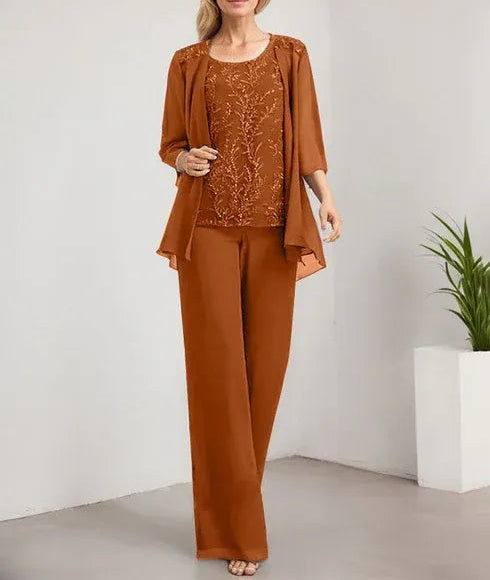 Separates Jumpsuit/Pantsuit Scoop Floor-Length Lace Chiffon Mother of the Bride Dress With Sequins