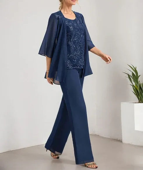 Separates Jumpsuit/Pantsuit Scoop Floor-Length Lace Chiffon Mother of the Bride Dress With Sequins