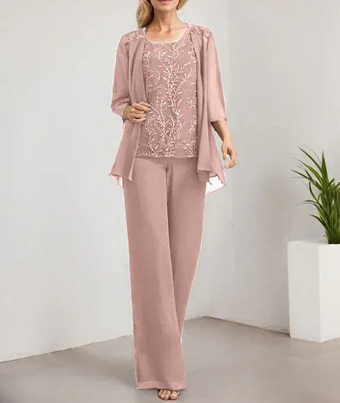 Separates Jumpsuit/Pantsuit Scoop Floor-Length Lace Chiffon Mother of the Bride Dress With Sequins