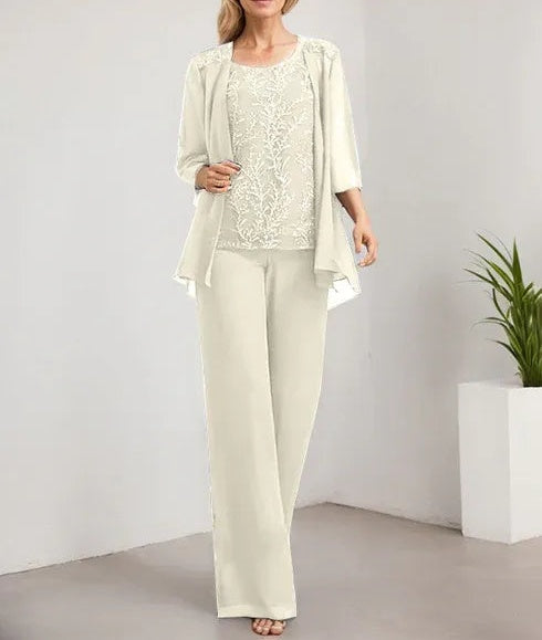 Separates Jumpsuit/Pantsuit Scoop Floor-Length Lace Chiffon Mother of the Bride Dress With Sequins