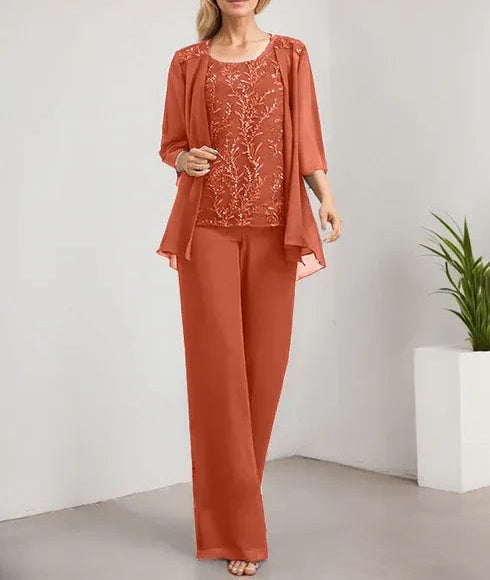 Separates Jumpsuit/Pantsuit Scoop Floor-Length Lace Chiffon Mother of the Bride Dress With Sequins