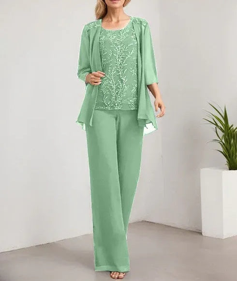 Separates Jumpsuit/Pantsuit Scoop Floor-Length Lace Chiffon Mother of the Bride Dress With Sequins
