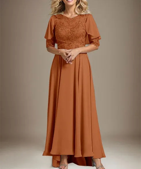 A-line Scoop Illusion Asymmetrical Chiffon Lace Mother of the Bride Dress With Beading