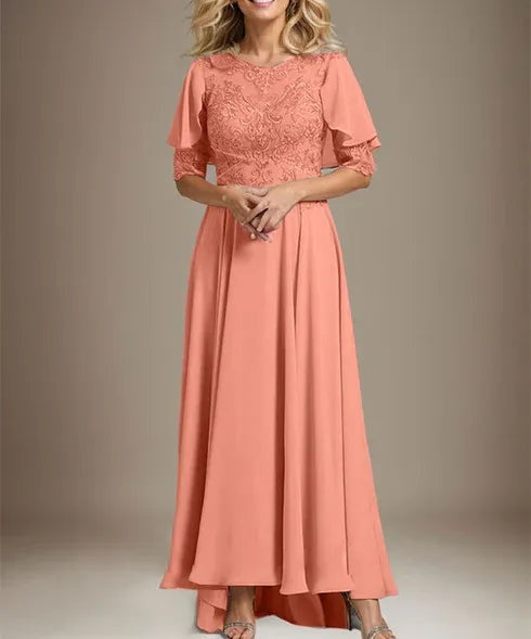 A-line Scoop Illusion Asymmetrical Chiffon Lace Mother of the Bride Dress With Beading