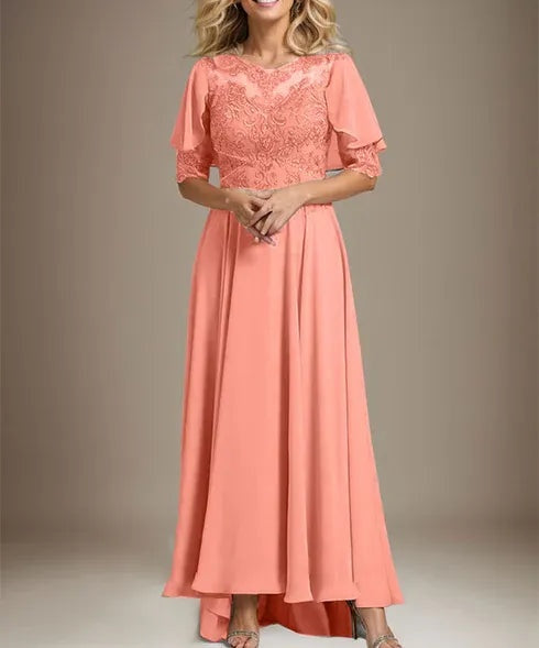 A-line Scoop Illusion Asymmetrical Chiffon Lace Mother of the Bride Dress With Beading