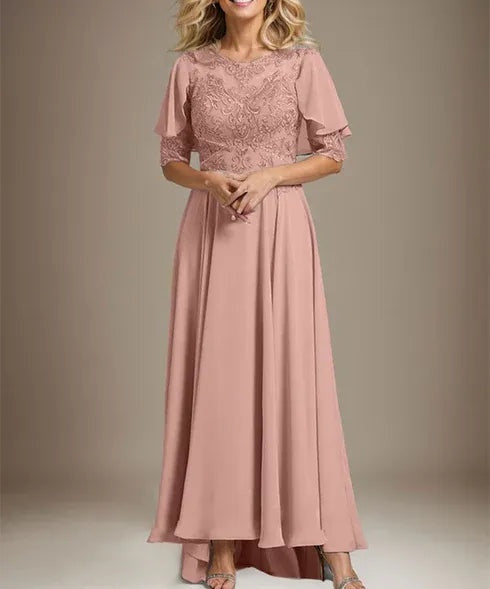 A-line Scoop Illusion Asymmetrical Chiffon Lace Mother of the Bride Dress With Beading