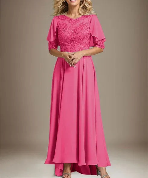 A-line Scoop Illusion Asymmetrical Chiffon Lace Mother of the Bride Dress With Beading
