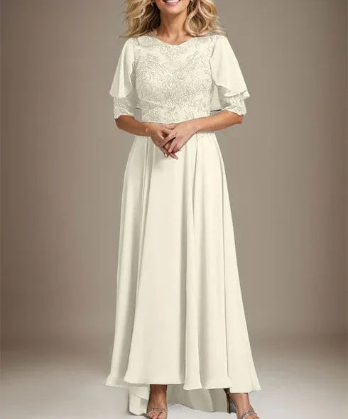 A-line Scoop Illusion Asymmetrical Chiffon Lace Mother of the Bride Dress With Beading