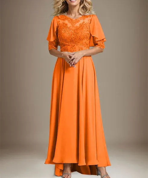 A-line Scoop Illusion Asymmetrical Chiffon Lace Mother of the Bride Dress With Beading