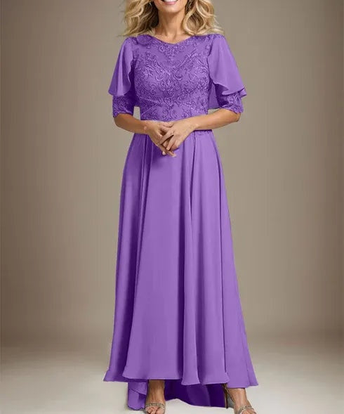 A-line Scoop Illusion Asymmetrical Chiffon Lace Mother of the Bride Dress With Beading