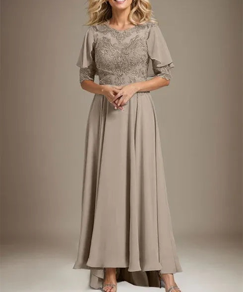 A-line Scoop Illusion Asymmetrical Chiffon Lace Mother of the Bride Dress With Beading