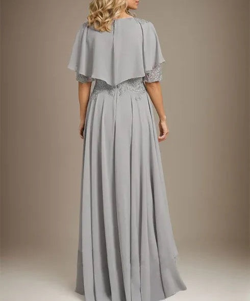A-line Scoop Illusion Asymmetrical Chiffon Lace Mother of the Bride Dress With Beading