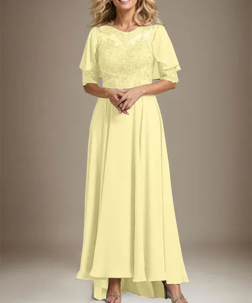A-line Scoop Illusion Asymmetrical Chiffon Lace Mother of the Bride Dress With Beading
