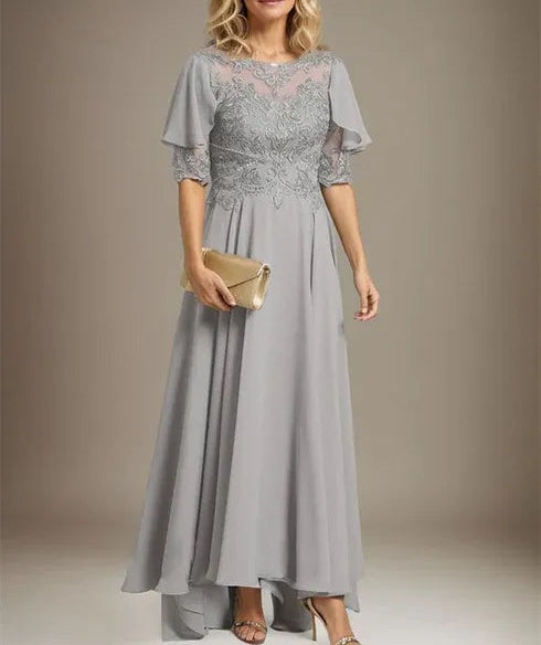 A-line Scoop Illusion Asymmetrical Chiffon Lace Mother of the Bride Dress With Beading