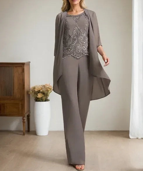 Separates Jumpsuit/Pantsuit Scoop Floor-Length Chiffon Lace Mother of the Bride Dress With Beading Sequins