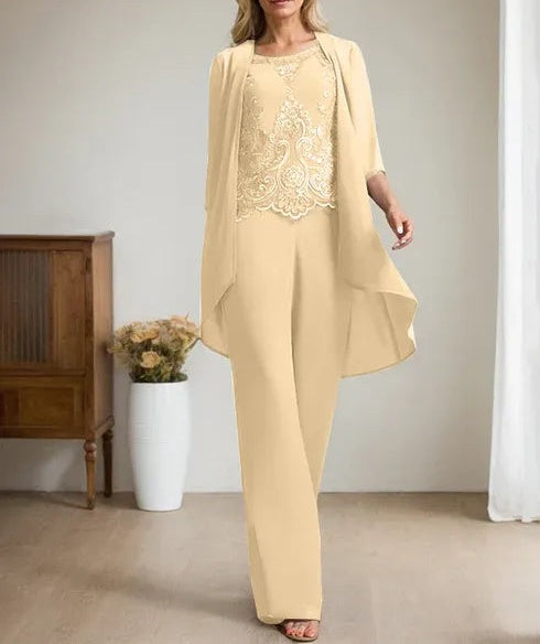 Separates Jumpsuit/Pantsuit Scoop Floor-Length Chiffon Lace Mother of the Bride Dress With Beading Sequins