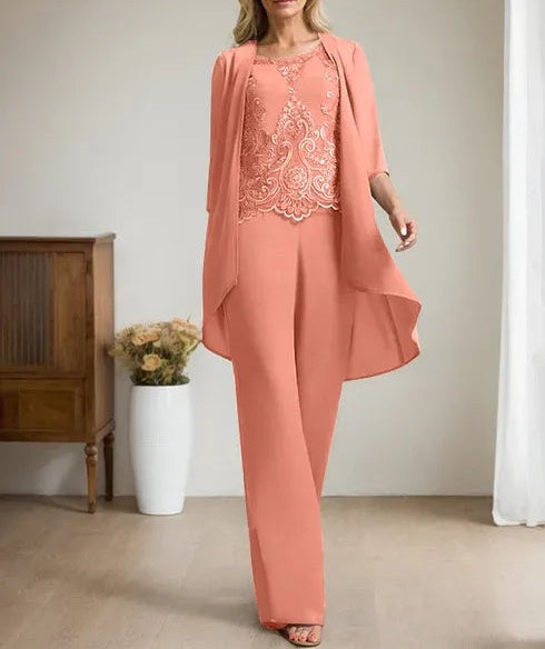 Separates Jumpsuit/Pantsuit Scoop Floor-Length Chiffon Lace Mother of the Bride Dress With Beading Sequins