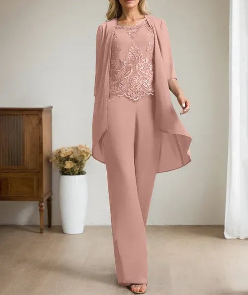 Separates Jumpsuit/Pantsuit Scoop Floor-Length Chiffon Lace Mother of the Bride Dress With Beading Sequins