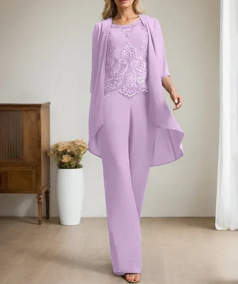 Separates Jumpsuit/Pantsuit Scoop Floor-Length Chiffon Lace Mother of the Bride Dress With Beading Sequins