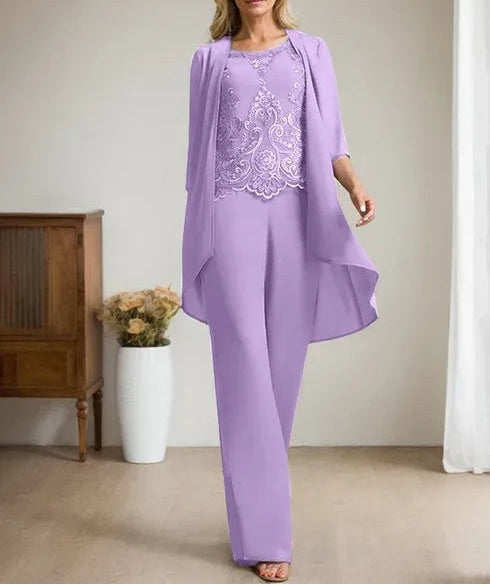 Separates Jumpsuit/Pantsuit Scoop Floor-Length Chiffon Lace Mother of the Bride Dress With Beading Sequins