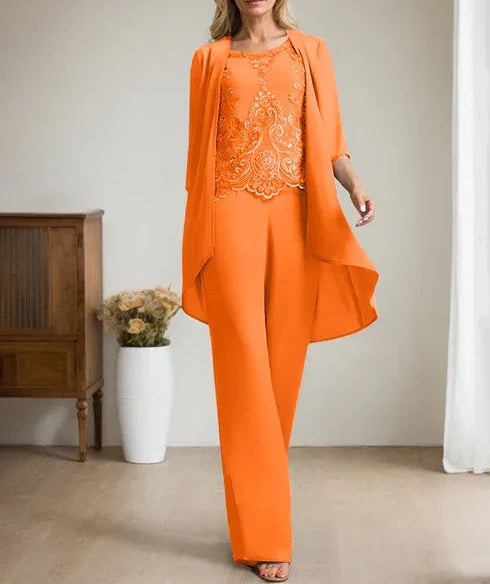 Separates Jumpsuit/Pantsuit Scoop Floor-Length Chiffon Lace Mother of the Bride Dress With Beading Sequins