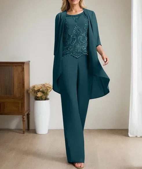 Separates Jumpsuit/Pantsuit Scoop Floor-Length Chiffon Lace Mother of the Bride Dress With Beading Sequins