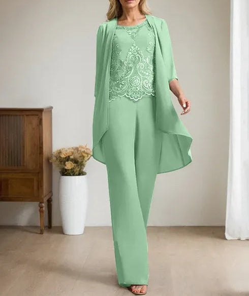 Separates Jumpsuit/Pantsuit Scoop Floor-Length Chiffon Lace Mother of the Bride Dress With Beading Sequins