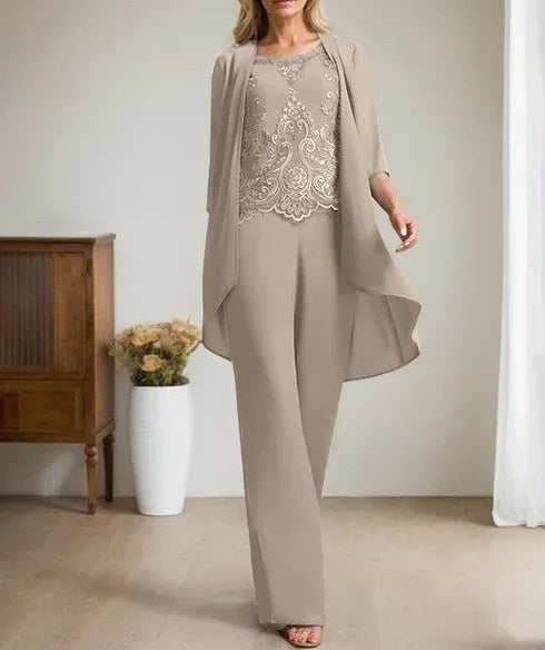 Separates Jumpsuit/Pantsuit Scoop Floor-Length Chiffon Lace Mother of the Bride Dress With Beading Sequins