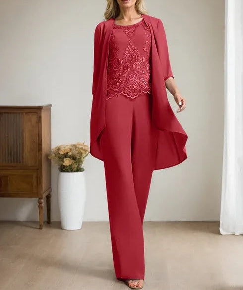 Separates Jumpsuit/Pantsuit Scoop Floor-Length Chiffon Lace Mother of the Bride Dress With Beading Sequins