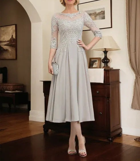 A-line Scoop Illusion Tea-Length Chiffon Lace Mother of the Bride Dress With Beading Sequins