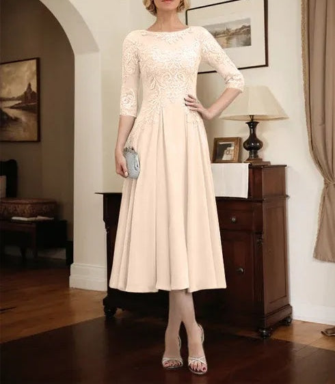 A-line Scoop Illusion Tea-Length Chiffon Lace Mother of the Bride Dress With Beading Sequins